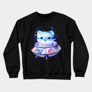 UFO Alien Cat in Spaceship Watercolor Art Cat Mon Cat Dad Cat Lover Crewneck Sweatshirt